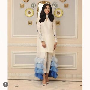 Zehra Saleem White and Blue 3 piece outfit with ombré frill dupatta